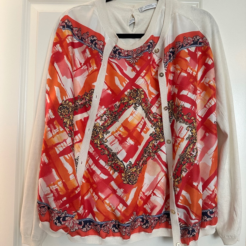 Versace silk front set, sleeveless shirt and cardigan